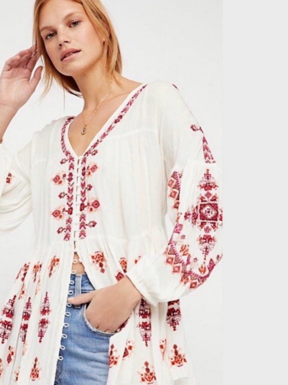 Free People White Tunic with Red Embroidered Detail